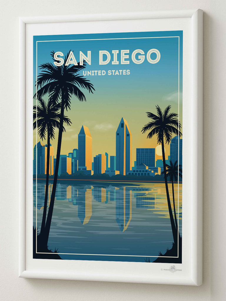 San Diego United States Travel Poster Print buildings cityscape coastal framed gradient illustration modern new ocean palm reflection silhouette skyline skyscrapers sunset trees twilight urban water waterfront
