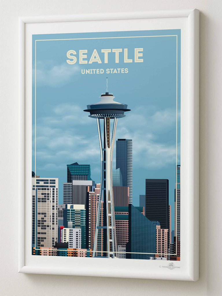 Seattle United States Travel Poster Print architecture buildings cityscape clouds downtown framed landmark metropolitan modern new seattle sky skyline skyscrapers spaceneedle states tower united urban usa