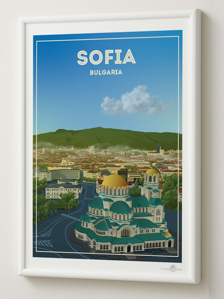 Sofia Bulgaria Travel Poster Print architecture bulgaria capital cathedral church cityscape clouds domes Europe framed gold green hills historic landmark mountains new orthodox skyline sofia square