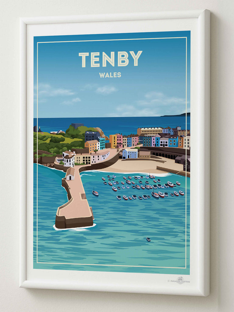 Tenby Wales Travel Poster Print boats buildings cliffs coastline colourful framed harbour headland houses marina new ocean pier sea seaside sky tenby town Wales water