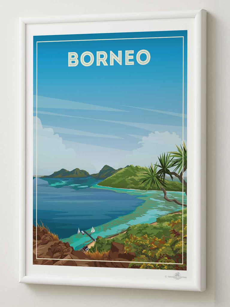 Borneo Travel Poster Print bedroom art blue green artwork borneo poster coastal wall art exotic travel poster framed gift for travellers holiday decor housewarming gift living room decor Malaysia nature wall decor new office wall print paradise poster sea and island art tropical travel print vintage travel art