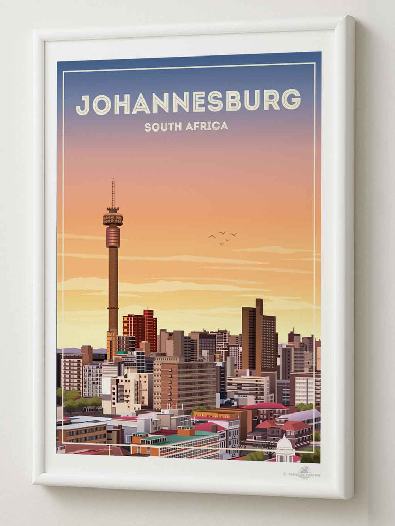 Johannesburg South Africa Travel Poster Print architecture bedroom wall art birthday gift bougainvillea cityscape wall art coastal contemporary art flowers framed hillside houses housewarming gift johannesburg poster living room art mediterranean modern illustration mojacar mountains new office decor pink premium art print rooftops scenic sky South Africa south africa print sunlight sunset skyline art town travel poster travel wall art urban decor village white world cities poster