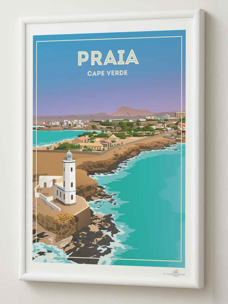 Praia Cape Verde Travel Poster Print beach decor bedroom wall art birthday present calming wall art cape verde cape verde art coastal wall art framed gift idea housewarming gift lighthouse print living room art minimalist decor modern art print new office decor pastel colour art praia cape verde travel poster print praia poster sea view poster travel home decor travel poster turquoise sea with pastel blue and lavender sky
