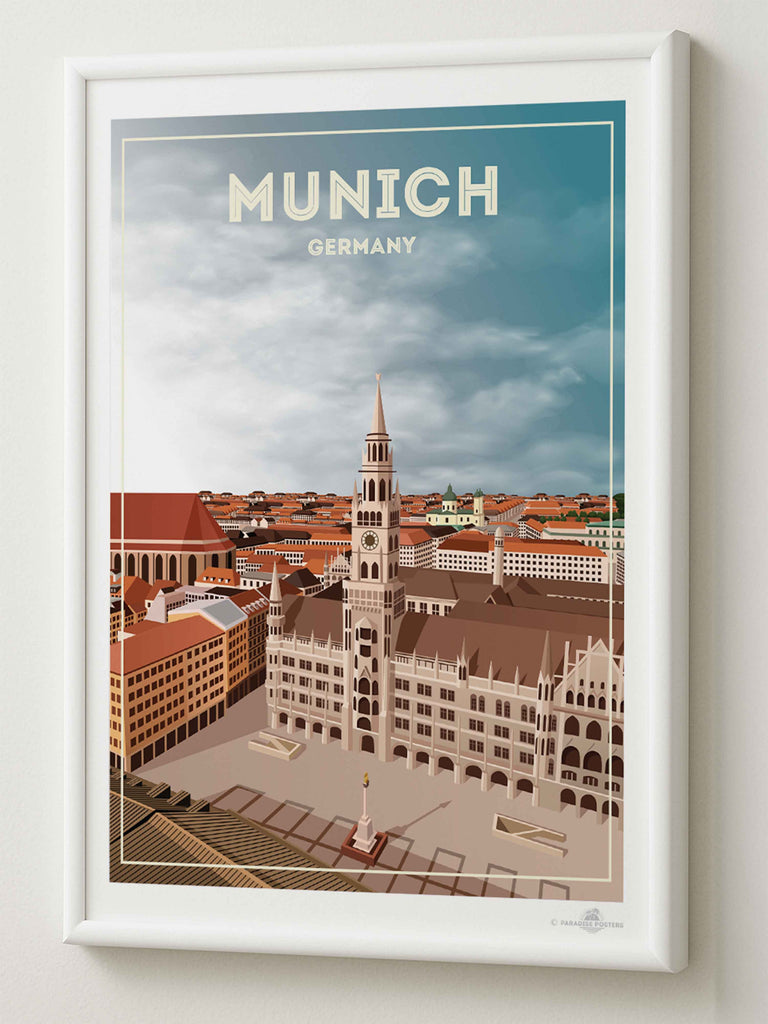 Munich Germany Travel Poster Print aerial architecture buildings cathedral cityscape clocktower clouds Europe european framed Germany historic landmark munich new old plaza rooftops skyline spire square tower