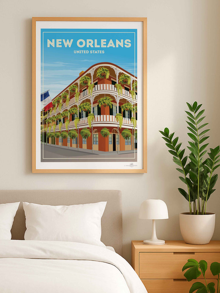 New Orleans United States Travel Poster Print architecture balcony building cityscape colonial corner ferns flag framed french historic new orleans plants quarter railings shutters street United States vintage windows