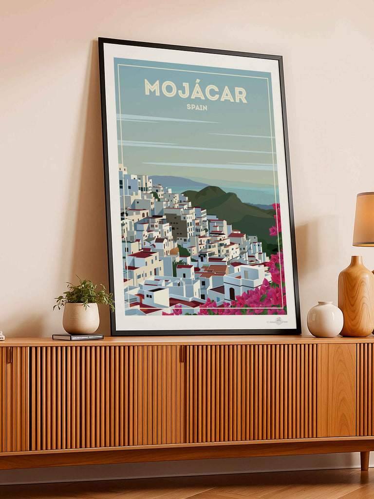 Mojácar Spain Travel Poster Print architecture bougainvillea coastal flowers framed hillside houses mediterranean mojacar mountains new pink rooftops scenic sky sunlight town village white