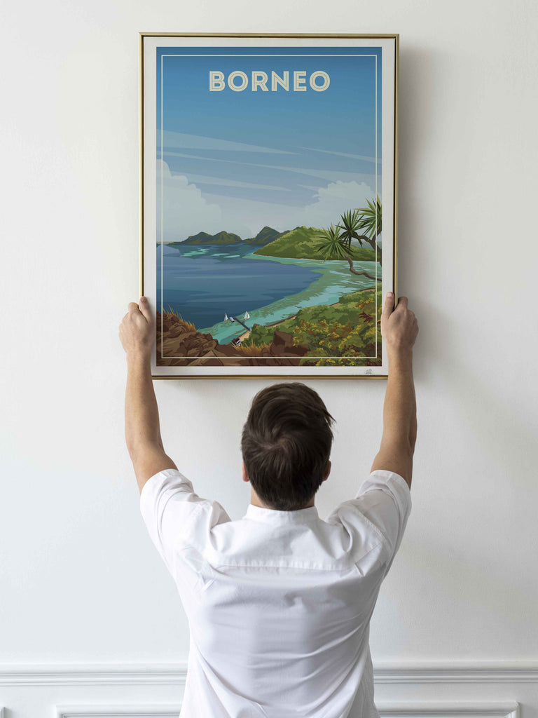 Borneo Travel Poster Print bedroom art blue green artwork borneo poster coastal wall art exotic travel poster framed gift for travellers holiday decor housewarming gift living room decor Malaysia nature wall decor new office wall print paradise poster sea and island art tropical travel print vintage travel art