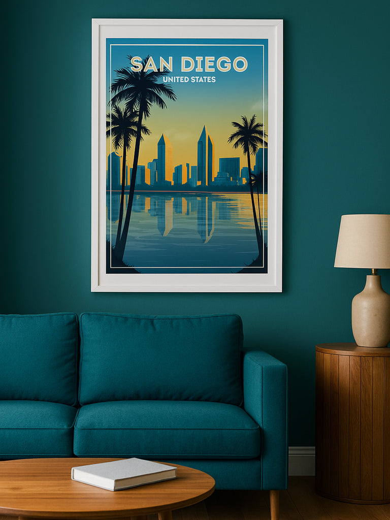 San Diego United States Travel Poster Print buildings cityscape coastal framed gradient illustration modern new ocean palm reflection silhouette skyline skyscrapers sunset trees twilight urban water waterfront