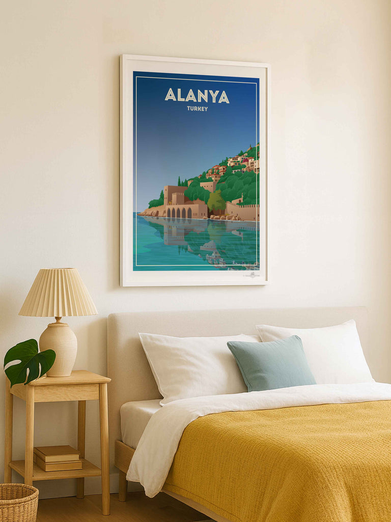 Alanya Castle Paradise Posters Travel Poster Print architecture blue castle coast fortress framed greenery hillside historic houses mediterranean new reflection sea shoreline sky towers Turkey walls water