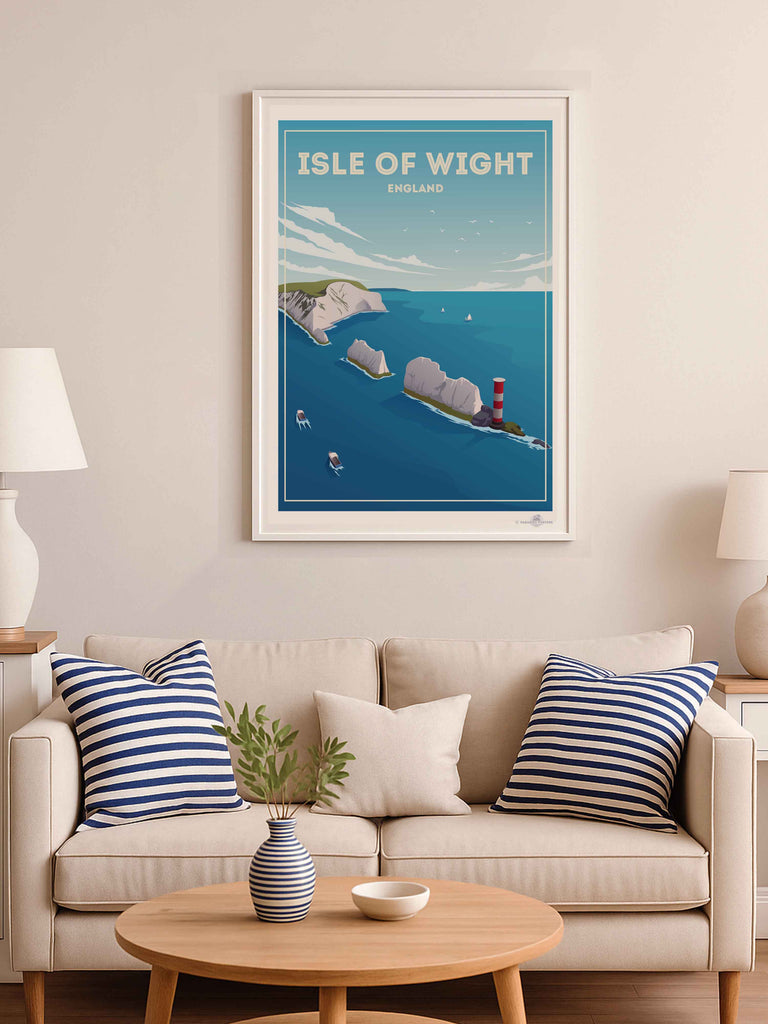 Isle of Wight England Travel Poster Print birds boats cliffs clouds coast coastline England framed headland isle lighthouse nature nautical new ocean rocks sea sky United Kingdom water waves wight
