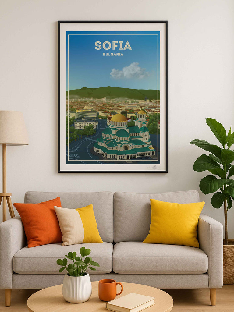 Sofia Bulgaria Travel Poster Print architecture bulgaria capital cathedral church cityscape clouds domes Europe framed gold green hills historic landmark mountains new orthodox skyline sofia square