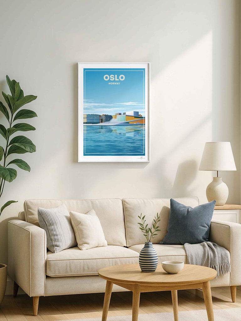Oslo Norway Travel Poster Print architecture blue buildings cityscape contemporary framed glass harbour house modern new Norway opera oslo reflection sky skyline urban water waterfront