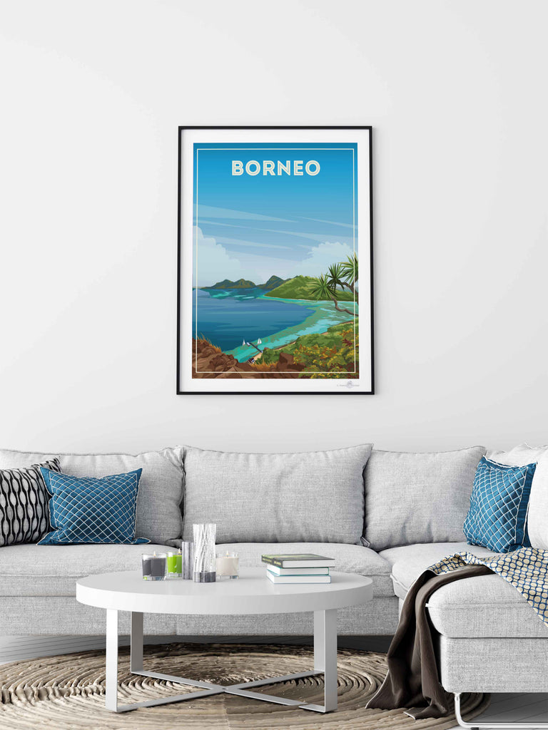 Borneo Travel Poster Print bedroom art blue green artwork borneo poster coastal wall art exotic travel poster framed gift for travellers holiday decor housewarming gift living room decor Malaysia nature wall decor new office wall print paradise poster sea and island art tropical travel print vintage travel art