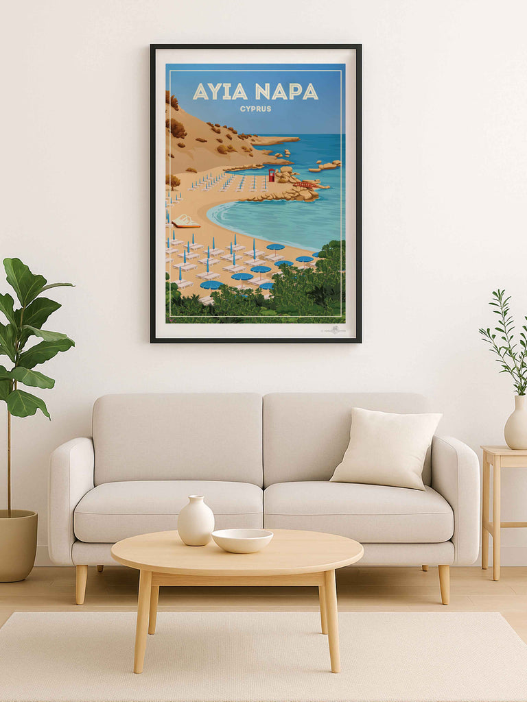 Ayia Napa Cyprus Travel Poster Print ayia bay beach cliffs coast framed greenery hut lifeguard napa new ocean resort rocks sand sea shoreline summer sunbeds umbrellas