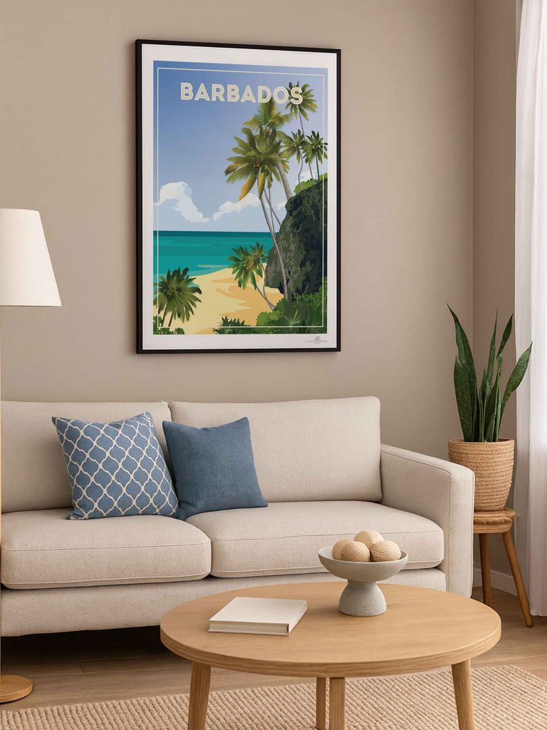 Barbados Travel Poster Print beach cliff clouds coast exotic framed greenery horizon jungle new ocean palm paradise sand sea shoreline sky trees tropical