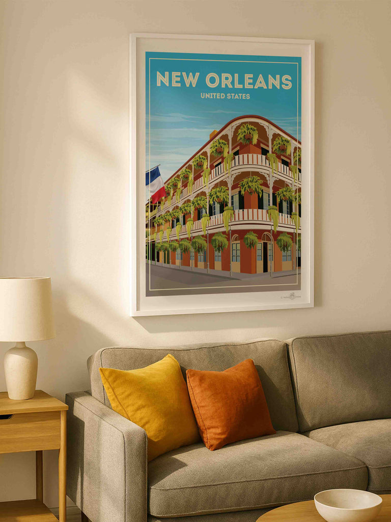 New Orleans United States Travel Poster Print architecture balcony building cityscape colonial corner ferns flag framed french historic new orleans plants quarter railings shutters street United States vintage windows