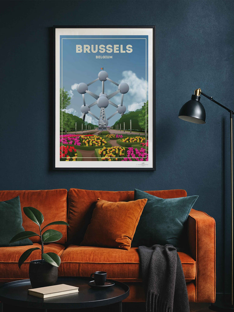 Brussels Belgium Travel Poster Print architecture atomium Belgium brussels clouds Europe flowers framed gardens iconic landmark modern monument new park sculpture sky spheres structure tourism trees tulips