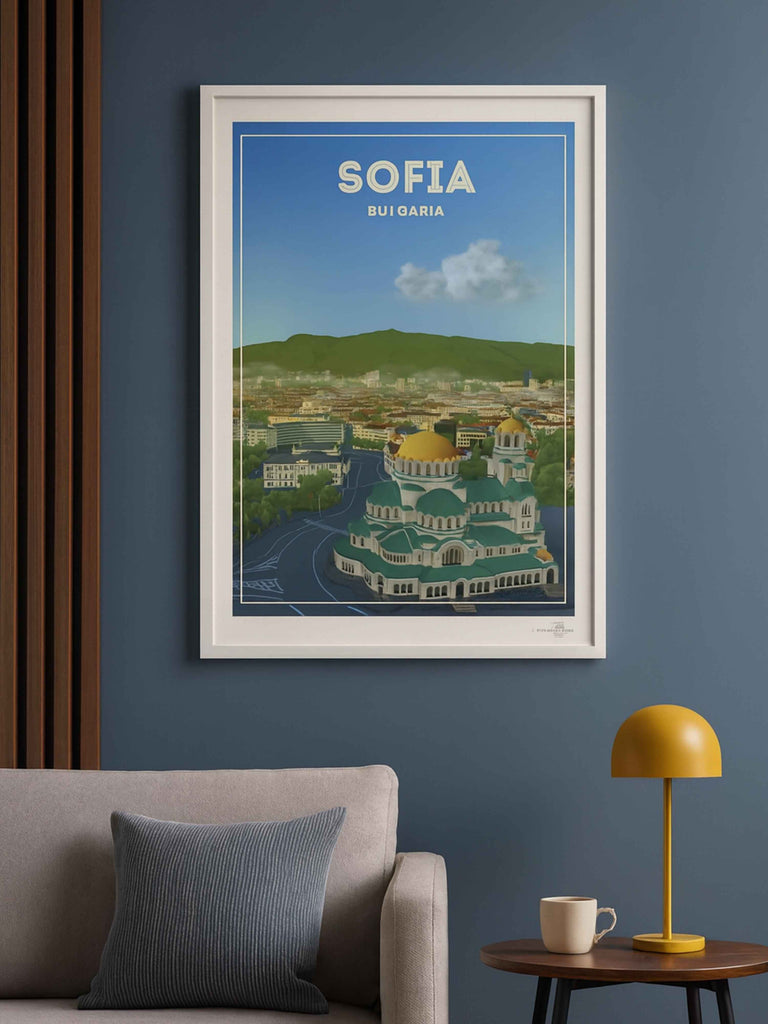 Sofia Bulgaria Travel Poster Print architecture bulgaria capital cathedral church cityscape clouds domes Europe framed gold green hills historic landmark mountains new orthodox skyline sofia square
