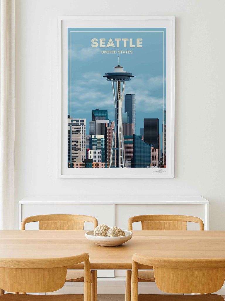 Seattle United States Travel Poster Print architecture buildings cityscape clouds downtown framed landmark metropolitan modern new seattle sky skyline skyscrapers spaceneedle states tower united urban usa
