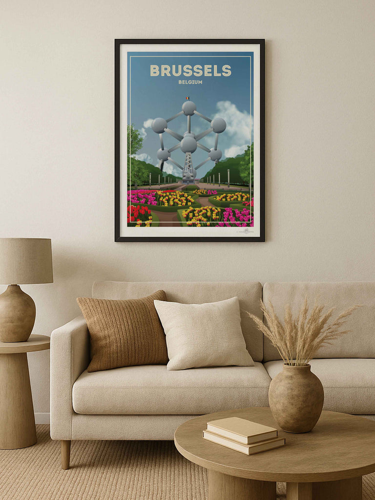 Brussels Belgium Travel Poster Print architecture atomium Belgium brussels clouds Europe flowers framed gardens iconic landmark modern monument new park sculpture sky spheres structure tourism trees tulips