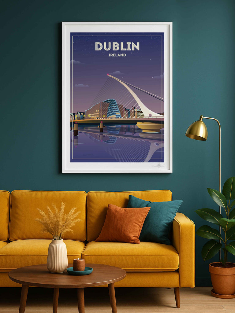 Dublin Ireland Travel Poster Print architecture bridge cables cityscape dublin evening framed illuminated ireland landmark lights modern new night reflection river skyline stars urban waterfront
