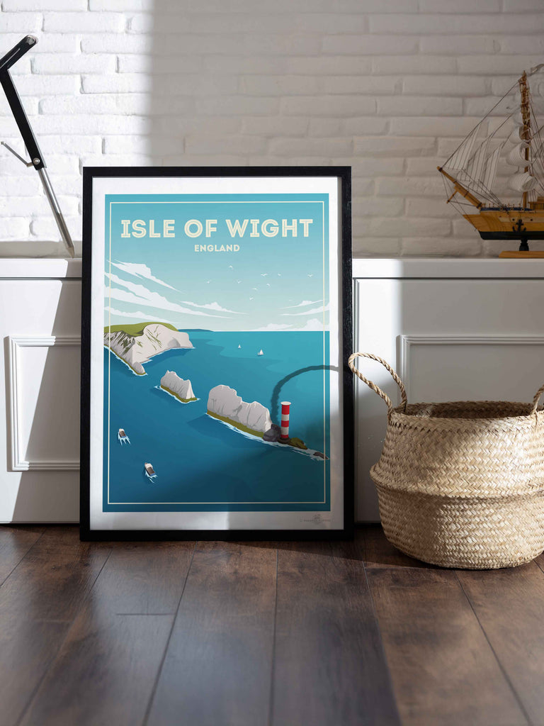 Isle of Wight England Travel Poster Print birds boats cliffs clouds coast coastline England framed headland isle lighthouse nature nautical new ocean rocks sea sky United Kingdom water waves wight