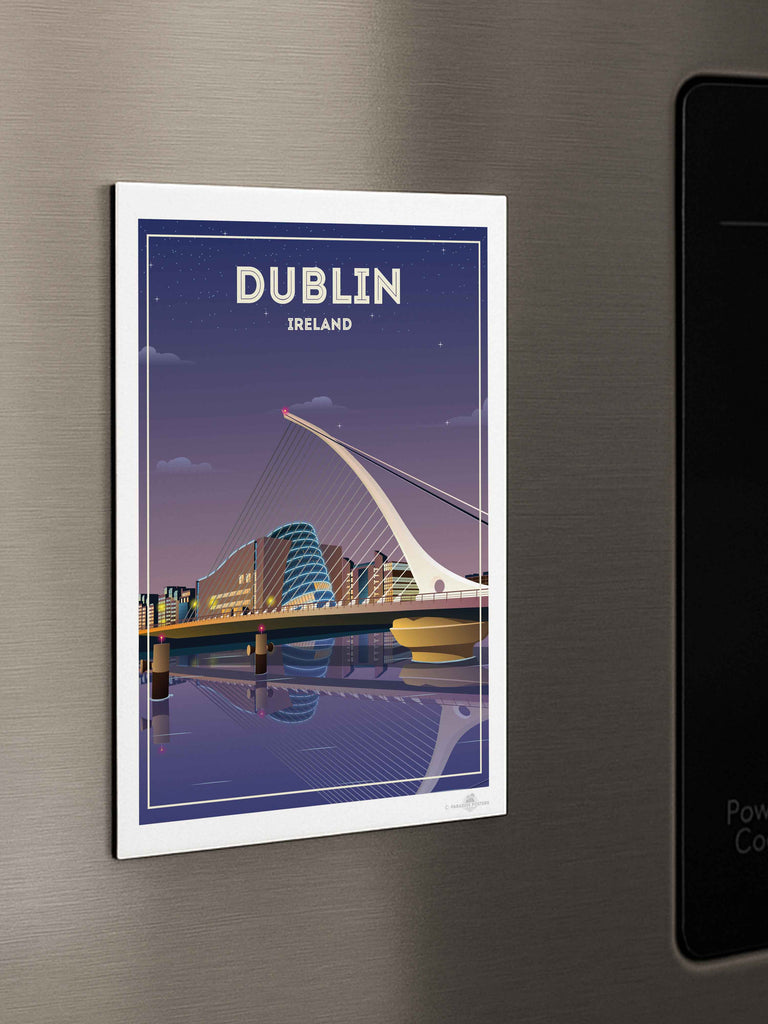 Dublin Ireland Travel Poster Print architecture bridge cables cityscape dublin evening framed illuminated ireland landmark lights modern new night reflection river skyline stars urban waterfront