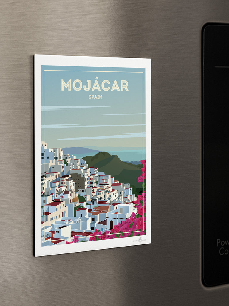 Mojácar Spain Travel Poster Print architecture bougainvillea coastal flowers framed hillside houses mediterranean mojacar mountains new pink rooftops scenic sky sunlight town village white