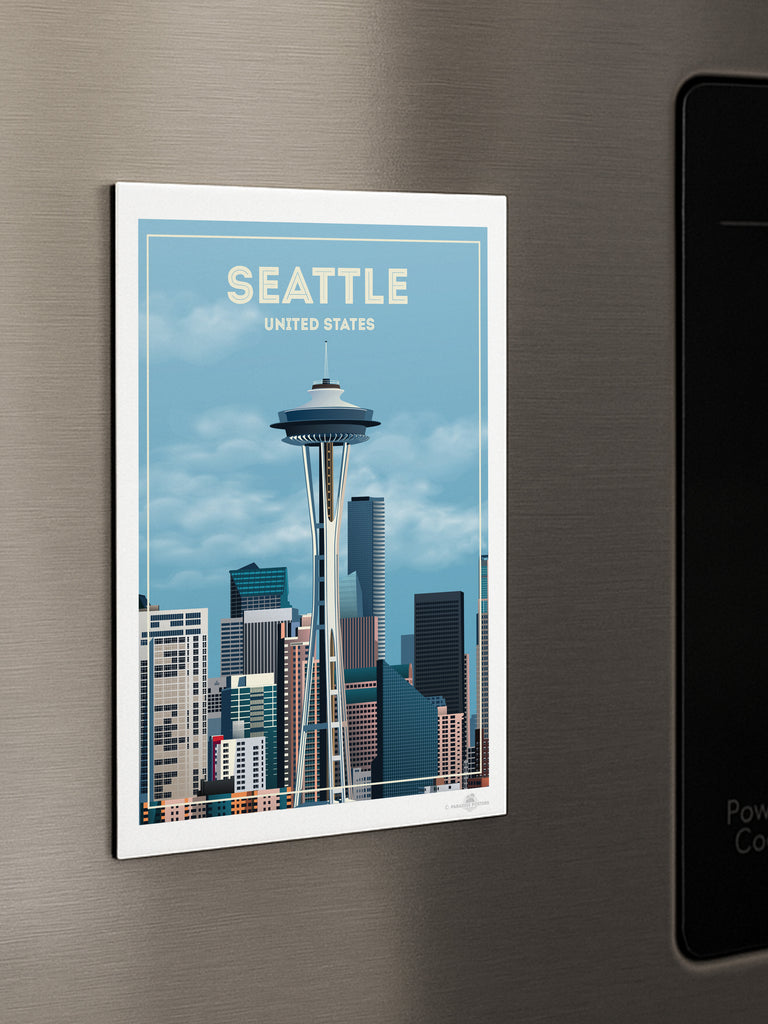 Seattle United States Travel Poster Print architecture buildings cityscape clouds downtown framed landmark metropolitan modern new seattle sky skyline skyscrapers spaceneedle states tower united urban usa