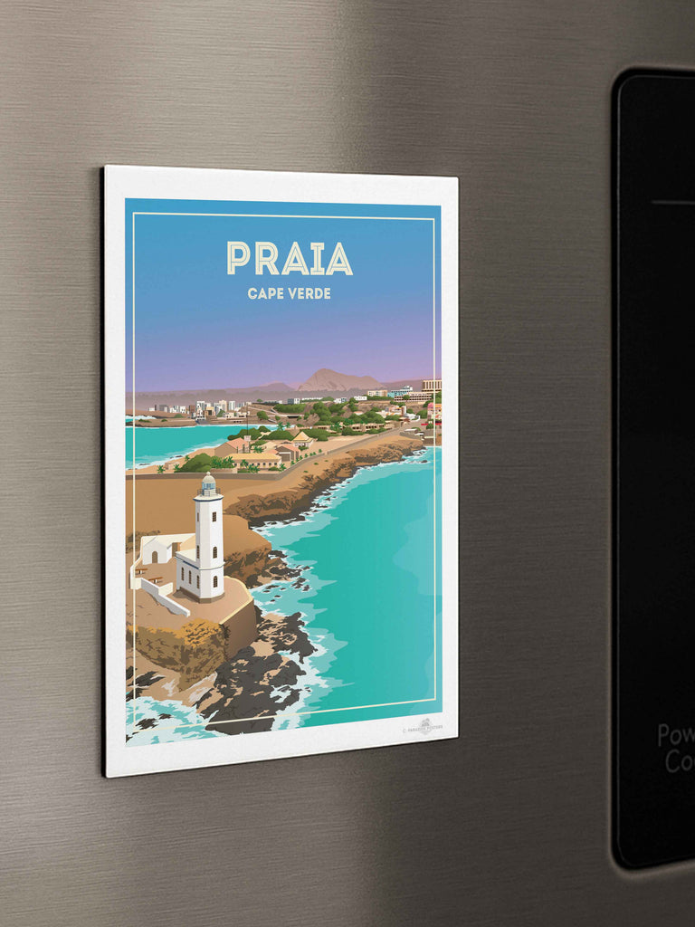 Praia Cape Verde Travel Poster Print beach decor bedroom wall art birthday present calming wall art cape verde cape verde art coastal wall art framed gift idea housewarming gift lighthouse print living room art minimalist decor modern art print new office decor pastel colour art praia cape verde travel poster print praia poster sea view poster travel home decor travel poster turquoise sea with pastel blue and lavender sky