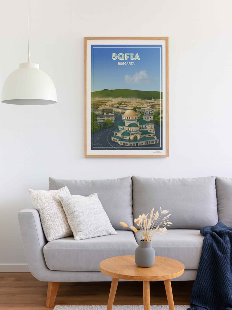 Sofia Bulgaria Travel Poster Print architecture bulgaria capital cathedral church cityscape clouds domes Europe framed gold green hills historic landmark mountains new orthodox skyline sofia square