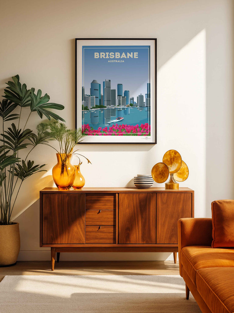 Brisbane Australia Travel Poster Print architecture blue boat brisbane buildings cityscape flowers framed modern new pink reflection river skyline skylineview skyscrapers tropical urban waterfront