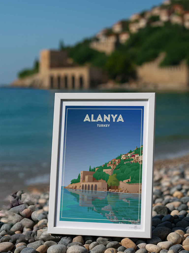 Alanya Castle Paradise Posters Travel Poster Print architecture blue castle coast fortress framed greenery hillside historic houses mediterranean new reflection sea shoreline sky towers Turkey walls water