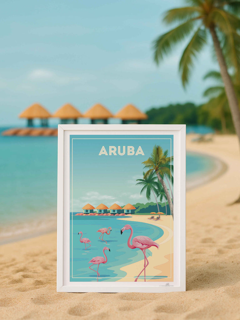 Aruba Travel Poster Print aruba Caribbean coast exotic flamingos framed huts lagoon new ocean palm paradise resort sand shoreline sunbeds trees tropical umbrellas water