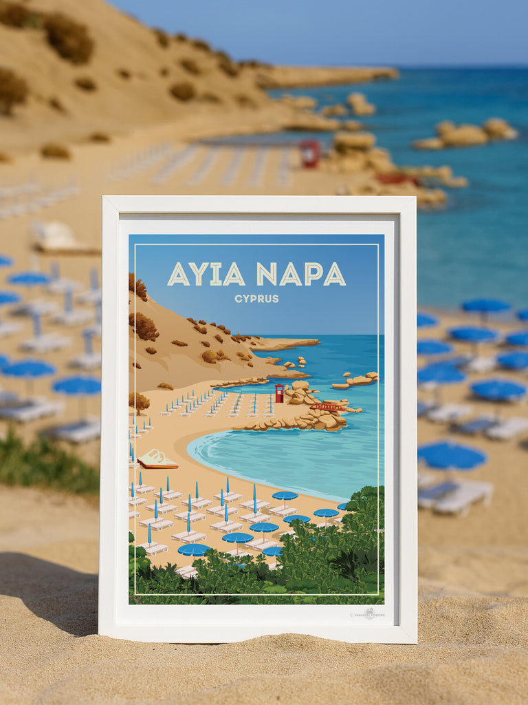 Ayia Napa Cyprus Travel Poster Print ayia bay beach cliffs coast framed greenery hut lifeguard napa new ocean resort rocks sand sea shoreline summer sunbeds umbrellas