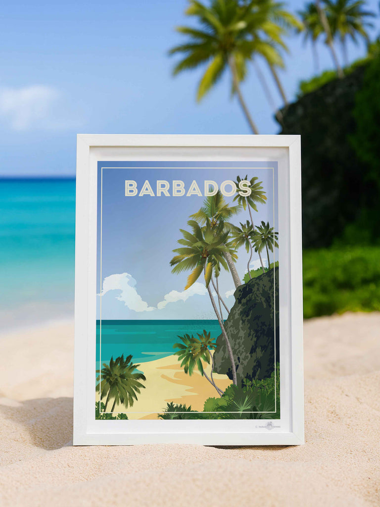 Barbados Travel Poster Print beach cliff clouds coast exotic framed greenery horizon jungle new ocean palm paradise sand sea shoreline sky trees tropical