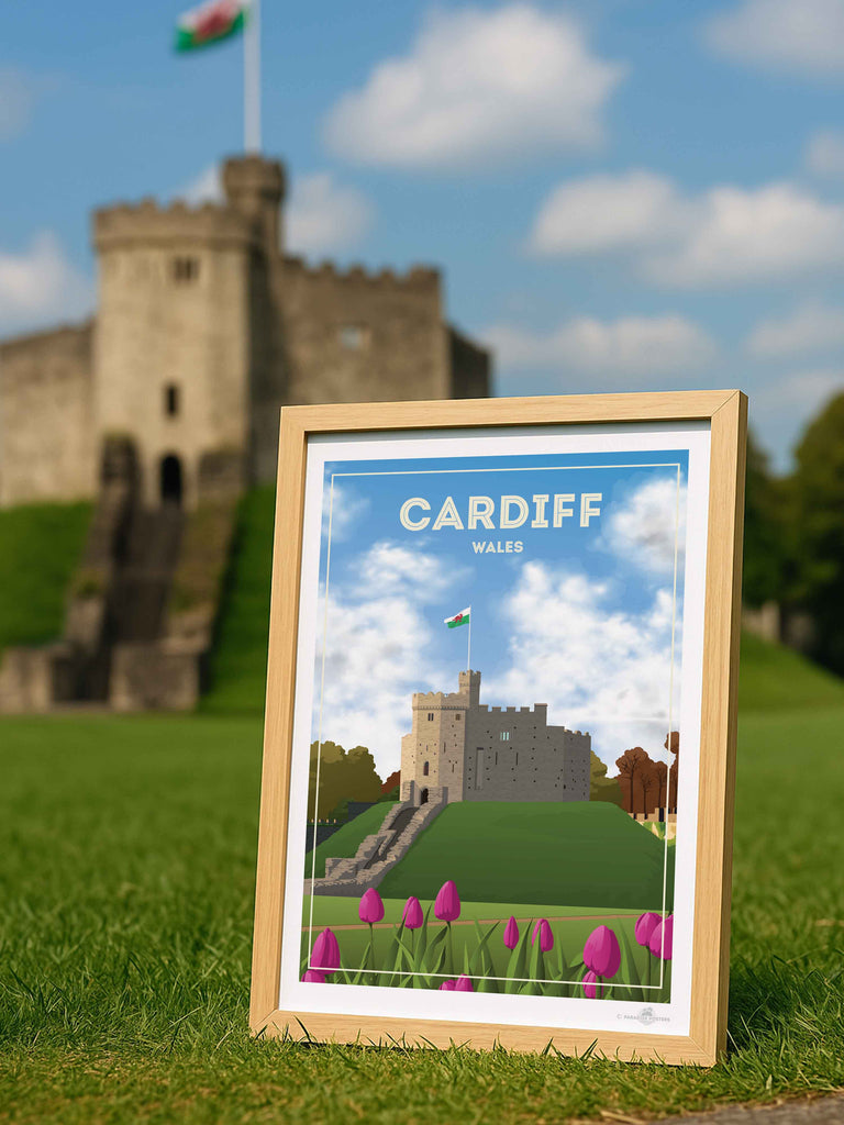 Cardiff Wales Travel Poster Print architecture cardiff castle clouds flag flowers fortress framed grass heritage hill historic landmark medieval new sky stone tower tulips welsh