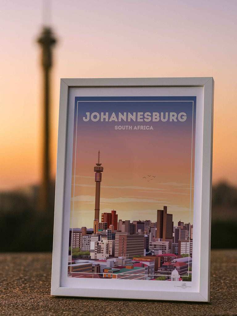 Johannesburg South Africa Travel Poster Print architecture bedroom wall art birthday gift bougainvillea cityscape wall art coastal contemporary art flowers framed hillside houses housewarming gift johannesburg poster living room art mediterranean modern illustration mojacar mountains new office decor pink premium art print rooftops scenic sky South Africa south africa print sunlight sunset skyline art town travel poster travel wall art urban decor village white world cities poster