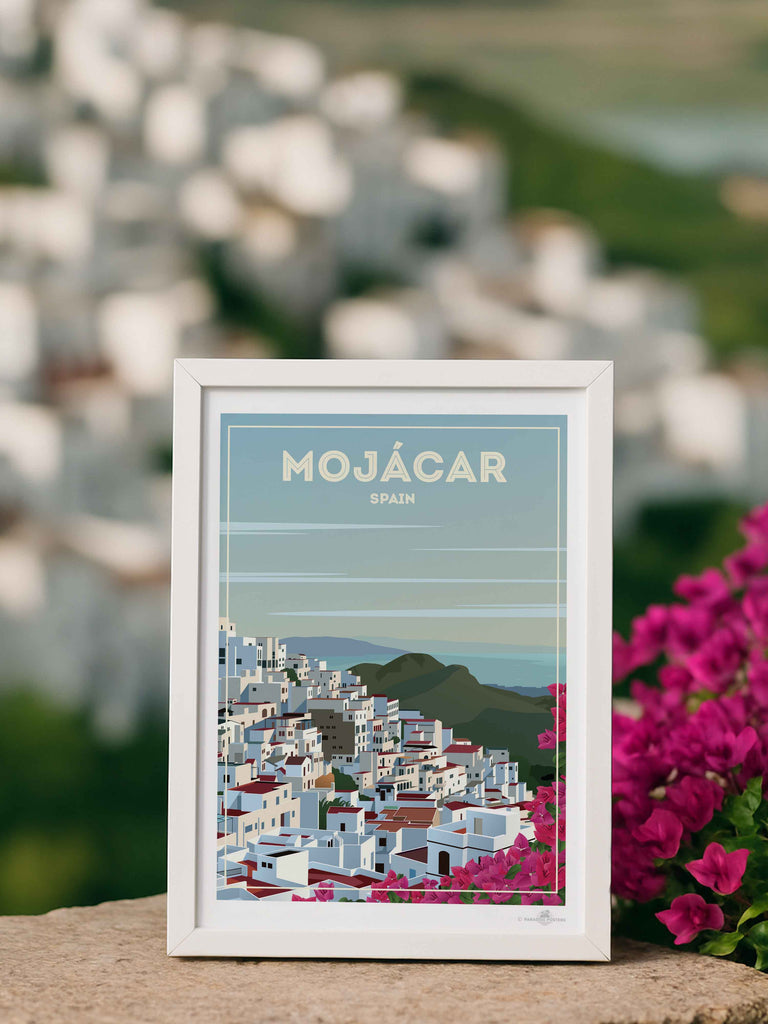 Mojácar Spain Travel Poster Print architecture bougainvillea coastal flowers framed hillside houses mediterranean mojacar mountains new pink rooftops scenic sky sunlight town village white
