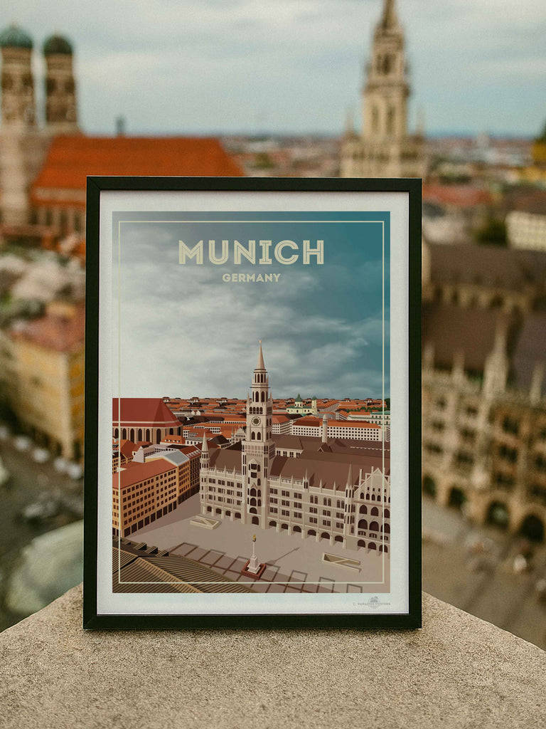 Munich Germany Travel Poster Print aerial architecture buildings cathedral cityscape clocktower clouds Europe european framed Germany historic landmark munich new old plaza rooftops skyline spire square tower