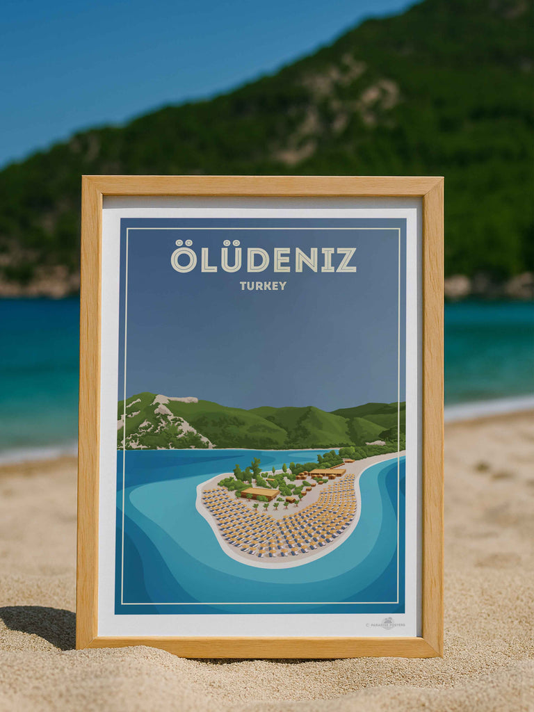 Oludeniz Turkey Travel Poster Print bay beach coastline framed greenery hills lagoon mountains new ocean oludeniz resort sand sea shoreline sunbeds tropical umbrellas water
