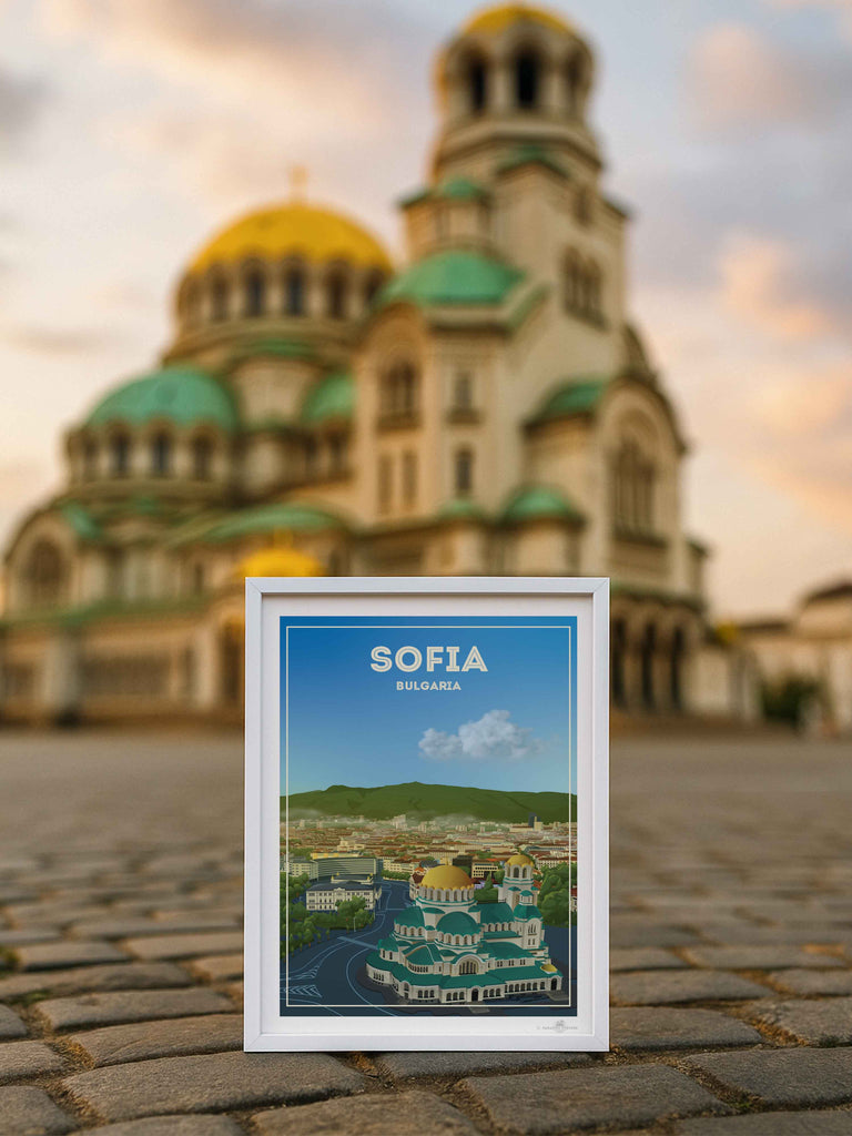 Sofia Bulgaria Travel Poster Print architecture bulgaria capital cathedral church cityscape clouds domes Europe framed gold green hills historic landmark mountains new orthodox skyline sofia square