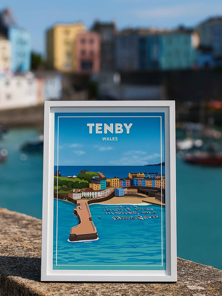 Tenby Wales Travel Poster Print boats buildings cliffs coastline colourful framed harbour headland houses marina new ocean pier sea seaside sky tenby town Wales water