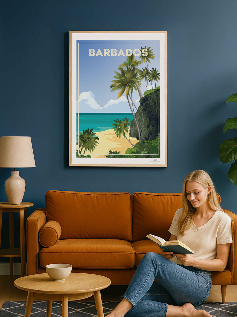 Barbados Travel Poster Print beach cliff clouds coast exotic framed greenery horizon jungle new ocean palm paradise sand sea shoreline sky trees tropical