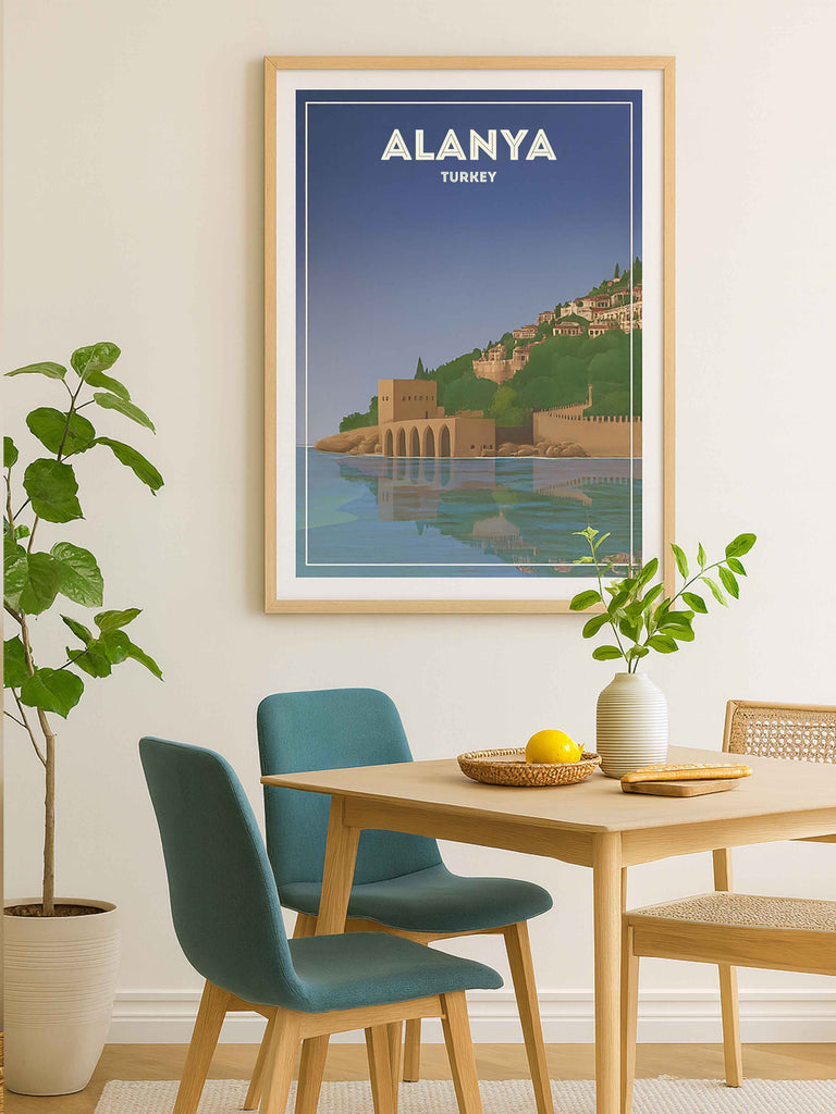 Alanya Castle Paradise Posters Travel Poster Print architecture blue castle coast fortress framed greenery hillside historic houses mediterranean new reflection sea shoreline sky towers Turkey walls water