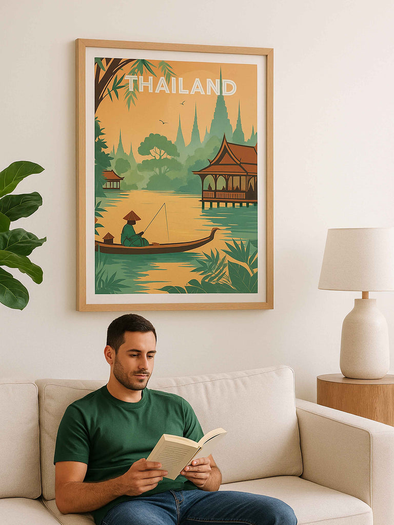 Thailand Travel Poster Print architecture bamboo boat culture exotic fisherman fishing foliage green illustration jungle landscape nature new orange pagoda peaceful reflection river serene silhouette spires sunrise sunset temple Thai Thailand tropical vintage water