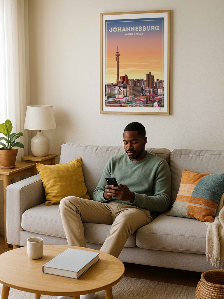 Johannesburg South Africa Travel Poster Print architecture bedroom wall art birthday gift bougainvillea cityscape wall art coastal contemporary art flowers framed hillside houses housewarming gift johannesburg poster living room art mediterranean modern illustration mojacar mountains new office decor pink premium art print rooftops scenic sky South Africa south africa print sunlight sunset skyline art town travel poster travel wall art urban decor village white world cities poster