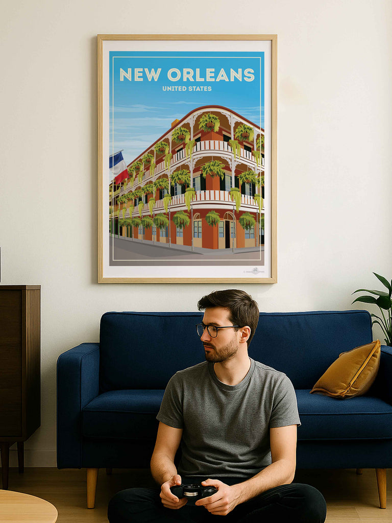 New Orleans United States Travel Poster Print architecture balcony building cityscape colonial corner ferns flag framed french historic new orleans plants quarter railings shutters street United States vintage windows