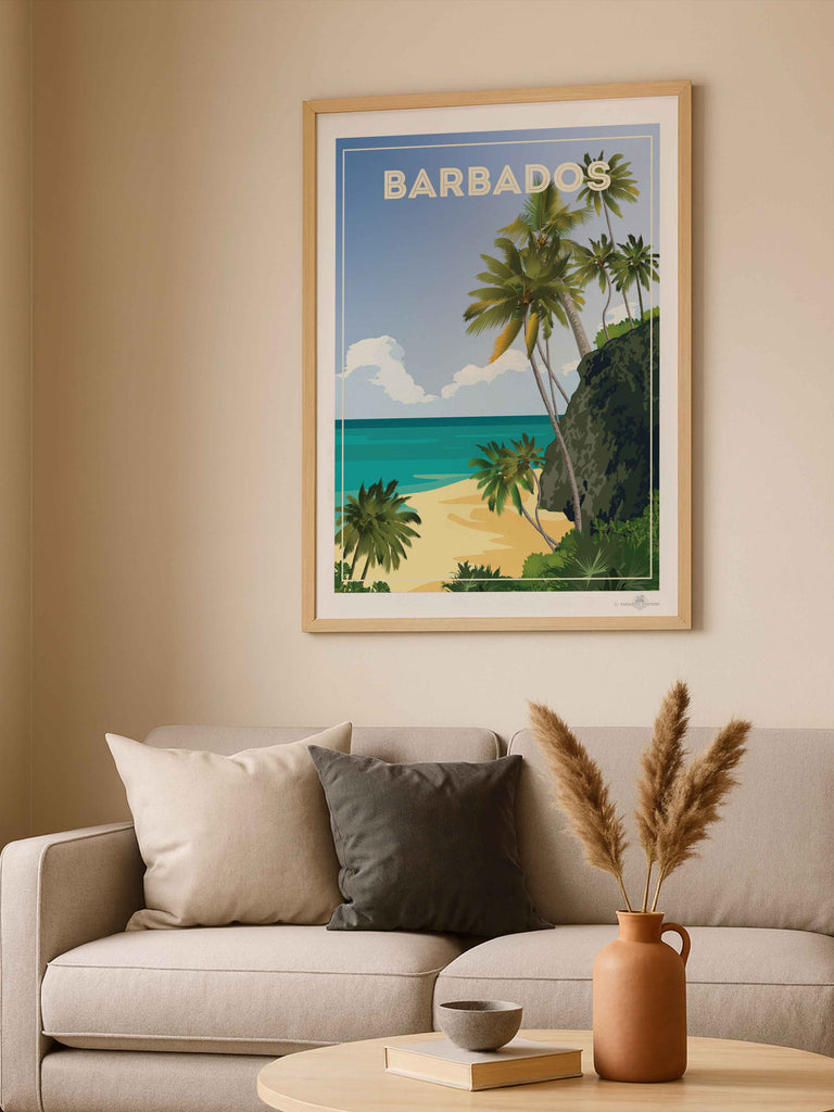 Barbados Travel Poster Print beach cliff clouds coast exotic framed greenery horizon jungle new ocean palm paradise sand sea shoreline sky trees tropical