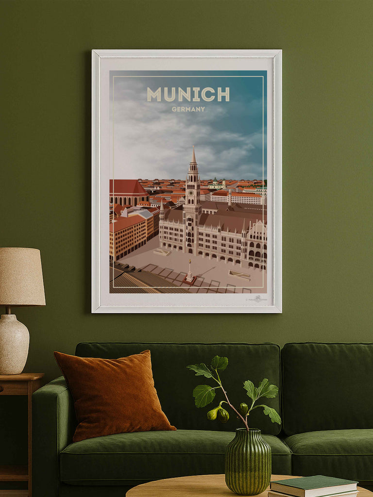 Munich Germany Travel Poster Print aerial architecture buildings cathedral cityscape clocktower clouds Europe european framed Germany historic landmark munich new old plaza rooftops skyline spire square tower